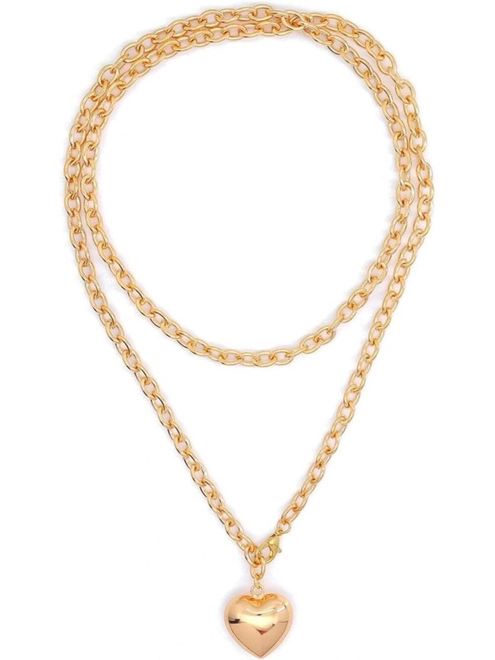 Women's Long Gold Chunky Gold Heart Necklace Puffy Heart Statement Chain